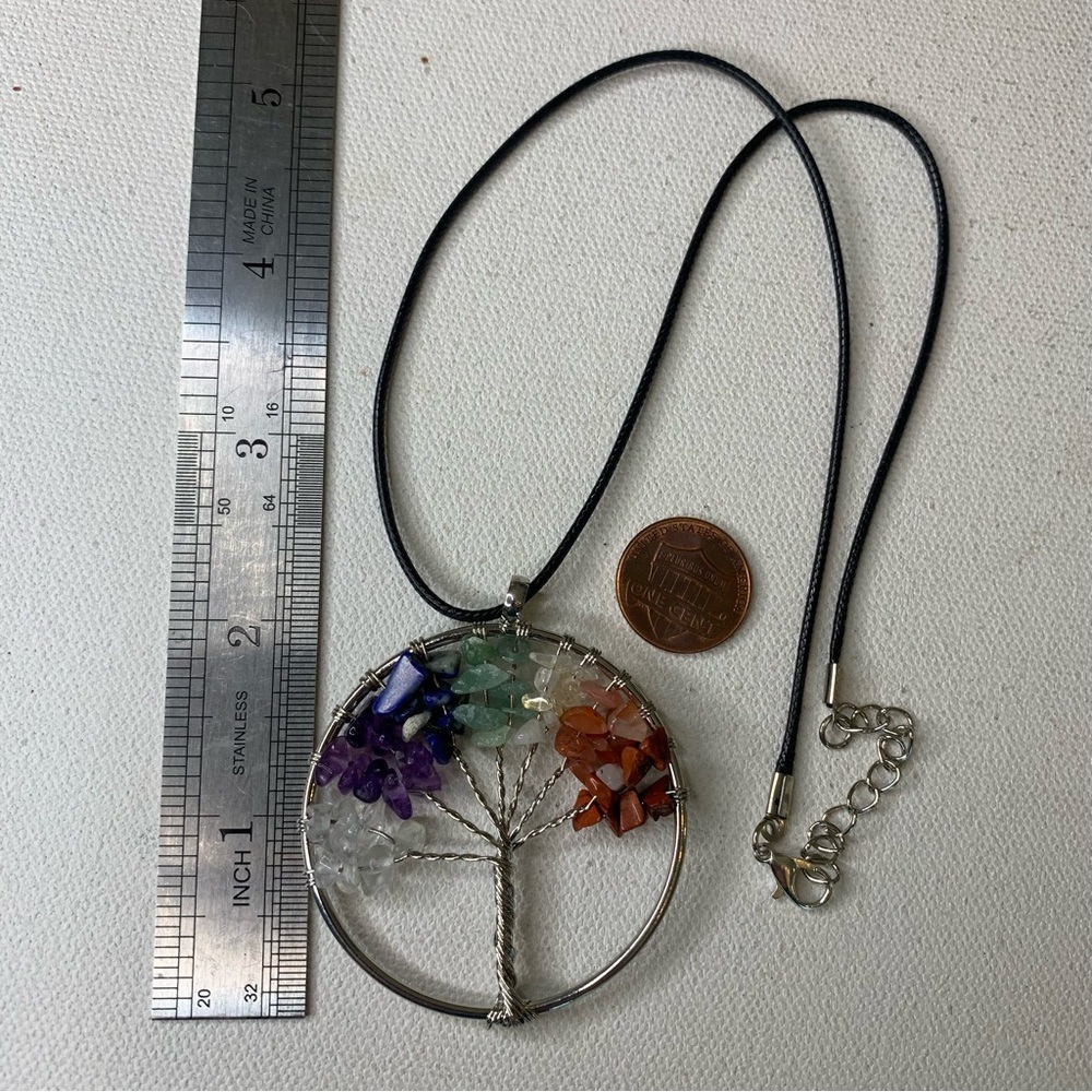 7 Chakra Stone Crystal Tree of Life Wire Wrapped Pendant Necklace Silver Tone 2" - Picture 5 of 7